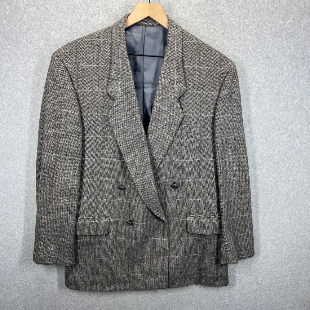 Tom James Blazer Mens 35R‎ Gray Herringbone Double Breasted Wool Sport Coat EUC